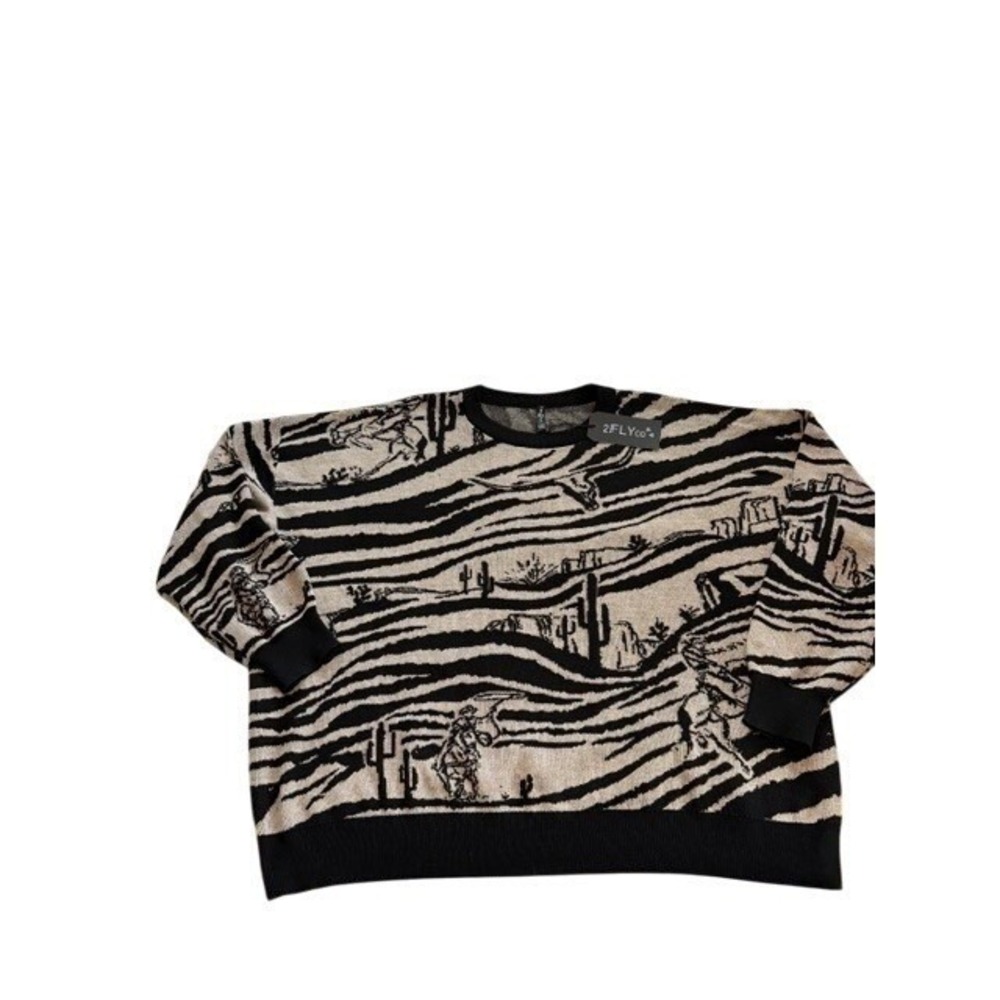 2 Fly‎ Co Western Desert Cactus Zebra Print Sweater Womens Oversized Boho XL NWT